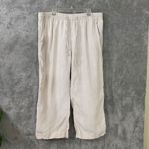 LL Bean Pants Women's  18W 100% Linen Pull On Drawstring Striped wide leg beige - Picture 1 of 15